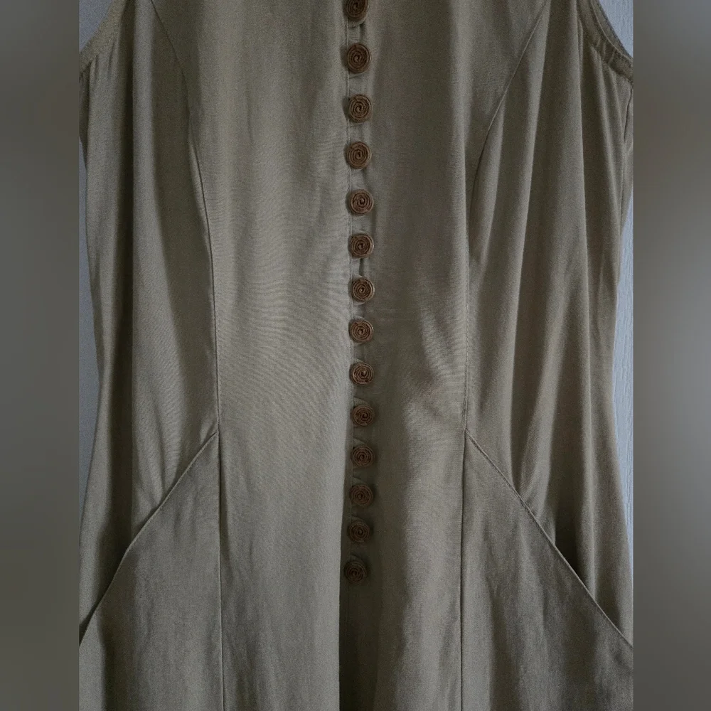 Designer Jean-Claude Poitras 90s Sleeveless Tan Button-Front Dress - Picture 5 of 11